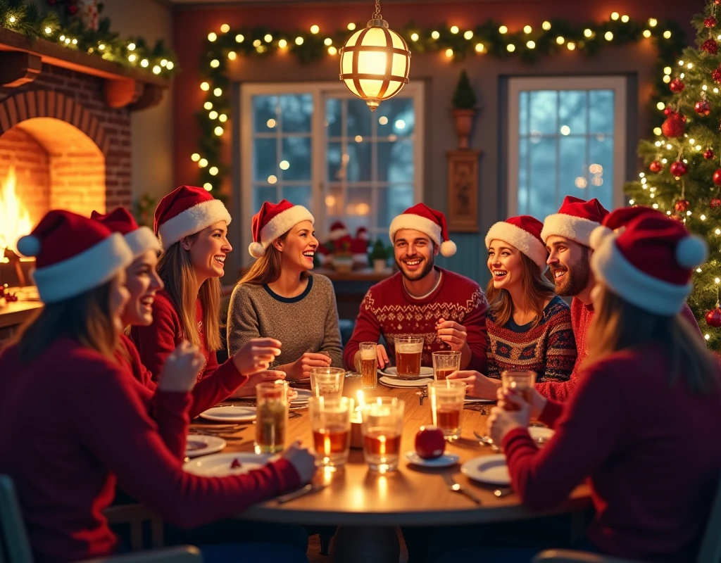 Imagine 10 happy people at a fun Christmas inn, all dressed up.