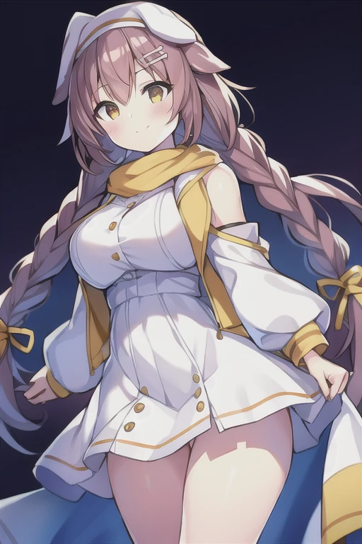 1girl, Korone, smile, dog ears, twin braids, sidelocks, hair ornament, ((white dress)), yellow jacket, dress, jacket, open clothes, open jacket, short dress, sleeveless dress, huge breasts, wide hips, thick thighs, tall, tall female, mature female, bandana, scarf, hourglass figure, arms behind back, standing, ((arms behind back))