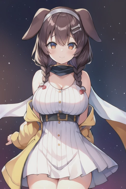 Korone, smile, dog ears, dog tail, twin braids, sidelocks, hair ornament, ((white dress)), yellow jacket, dress, jacket, open clothes, open jacket, short dress, sleeveless dress, large breasts, thick thighs, wide hips, mature female, bandana, scarf, hourglass figure