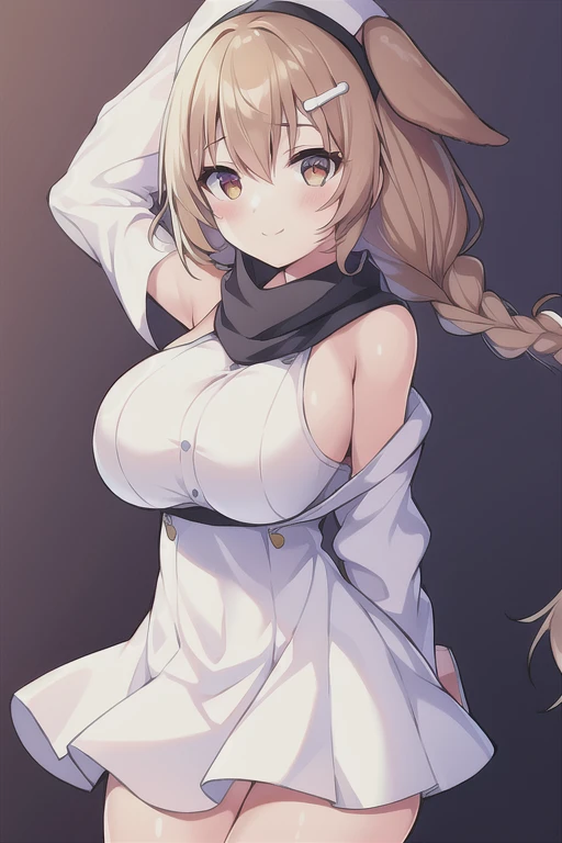 1girl, Korone, smile, dog ears, twin braids, sidelocks, hair ornament, ((white dress)), yellow jacket, dress, jacket, open clothes, open jacket, short dress, sleeveless dress, huge breasts, wide hips, thick thighs, tall, tall female, mature female, bandana, scarf, hourglass figure, arms behind back, standing, ((arms behind back))