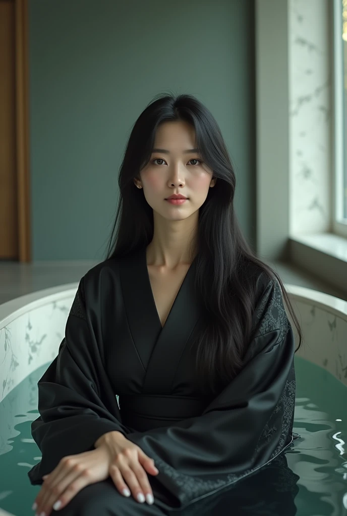 (photorealism:1.2), beautiful Japanese woman, a little plump woman, 35 years old, a few spots on the face, sitting in the bath, wearing Japanese black kimono, black long straight, indoors, soft lighting, large room, relaxed pose, realistic, intricate details, cool colors