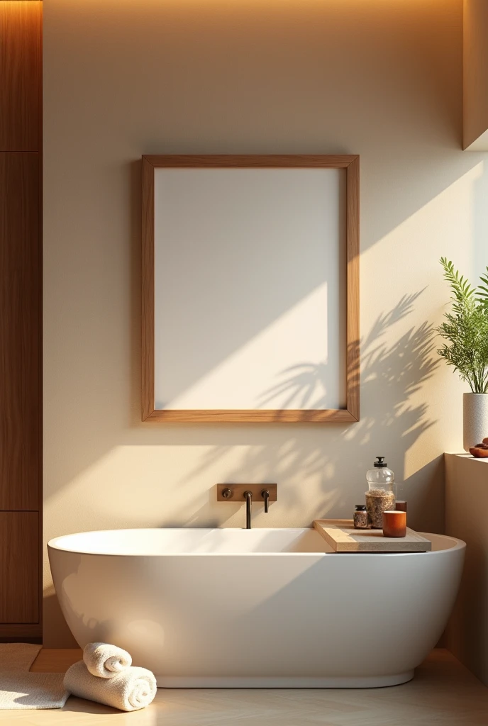 Modern wood horizontal picture frame at cozy bathroom, 4k