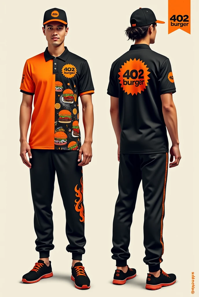 Design a complete uniform for a hamburger restaurant with the 402burger logo in black and orange with a polo shirt and jogger pants that are creative and that the right sleeve has a line that divides it and one side is full of drawings such as illustrated hamburgers, French fries, urban and disruptive with creative designs and flames on the sweatshirt and t-shirt and a cap