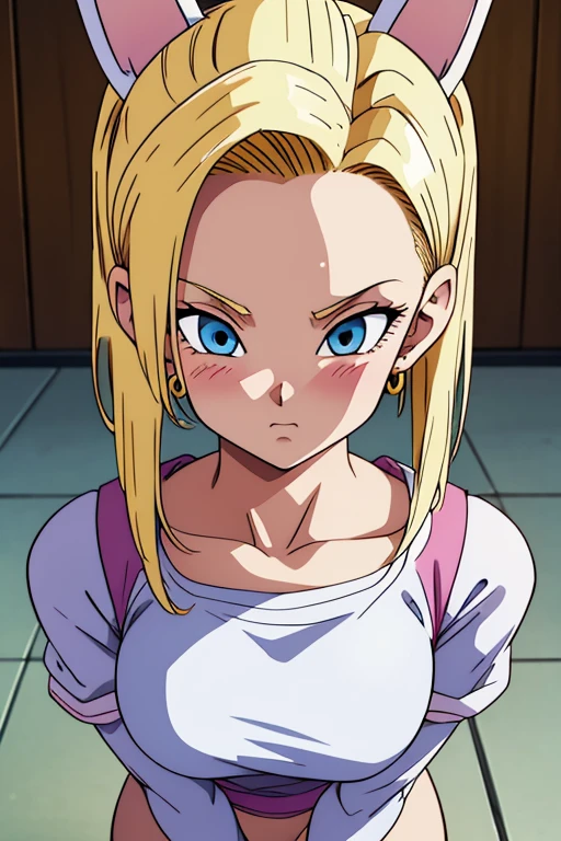 chest, Shortcuts, blue eyes, blonde, Bunny ears, Highest quality, blush, 大きなchest, , Anime Style, Android 18,大きなchest, Heavy breathing, Look closer, Twin tails, Accurate, High resolution, Attention to detail, Frowning, Tsundere, Earrings,whole body,Thighs
