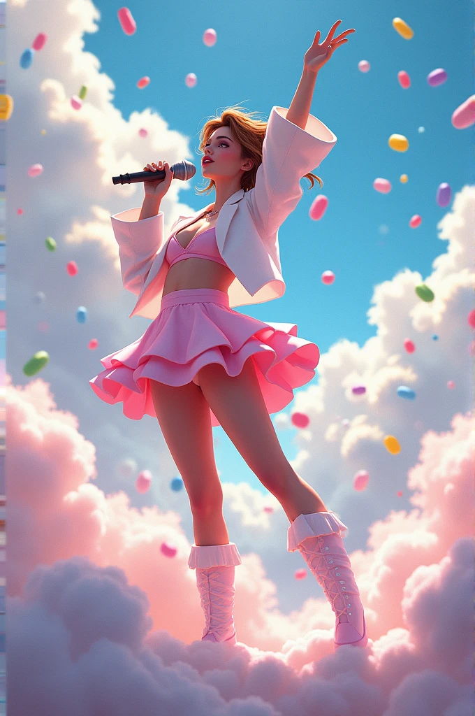 Singer Tini in the sky with clouds and raining candy
