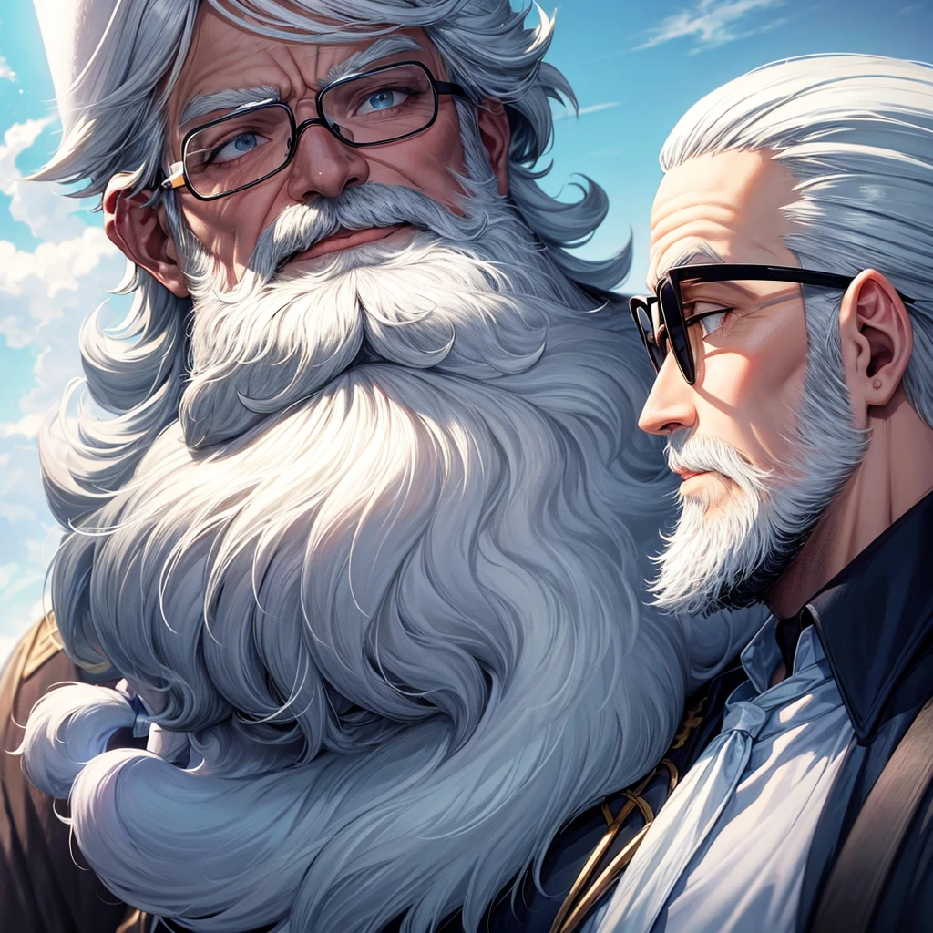 White beard, white beard with black glasses
Light blue shirt