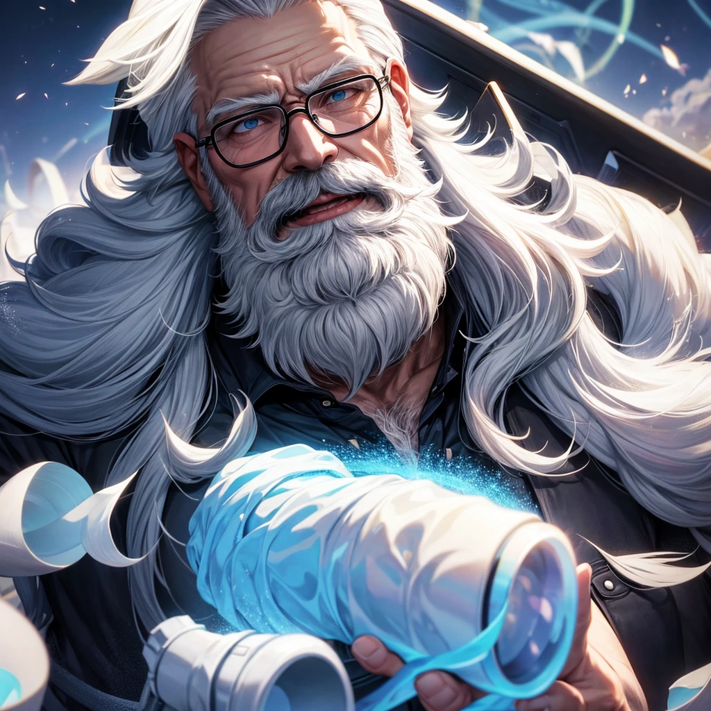 White beard, white beard with black glasses
Light blue shirt