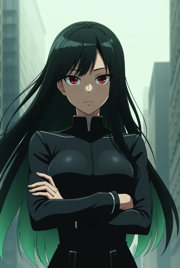 Screenshot of my hero academia.
A girl with long black hair, The tips of her hair are light green, Her skin is white but slightly tanned, Her eyes are black and her pupils are red, She has a small scar on the back of her neck but it is slightly visible from her left side., She is standing with her arms crossed and her face is serious., She has the uniform and her breasts are a little big