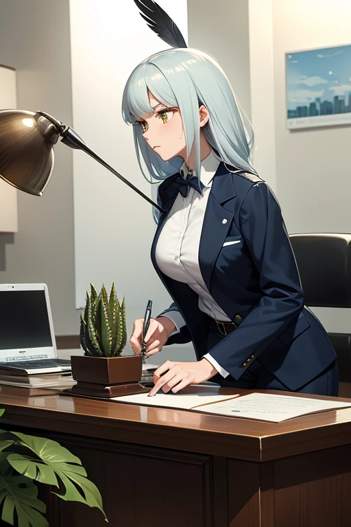 A stunningly beautiful female secretary bird standing gracefully in a serene office setting. She is meticulously dressed in a tailored, navy blue pantsuit with a crisp white blouse, her feathers impeccably styled to mimic the sharp lines of her human-like attire. Her piercing yellow eyes are focused on a sleek, modern computer, her long neck bent at a professional angle as she types away with surprising dexterity using her elongated, slender legs. A nameplate on her desk reads "Miss Flamingo," playfully hinting at her unique nature. Behind her, floor-to-ceiling windows reveal a bustling cityscape, yet she remains unfazed by the chaos outside, embodying the poise and efficiency of the ultimate office professional. On her desk, neatly organized, are a blend of avian and office essentials: a quill-shaped pen, a birdseed dispenser, and a smartphone cleverly disguised as an egg. The room is adorned with touches of her natural habitat, such as a miniature savannah-inspired terrarium and a desk lamp shaped like a cactus, which casts a soft, warm glow across the scene. Her elegant plumage, reminiscent of a well-tailored suit, transitions from stark white to smoky gray and black, creating a striking contrast against the vibrant, yet organized workspace. The room's palette is a harmonious blend of blue and green, reflecting the bird's feathers and the office's serene atmosphere. Her office chair, ergonomically designed to support her long frame, is a tasteful blend of leather and chrome, while the walls are adorned with diplomas and certificates, showcasing her competence and achievements. Despite her avian form, she exudes an air of confidence and competence, captivating the viewer with her unexpected yet utterly charming blend of natural beauty and professional acumen.