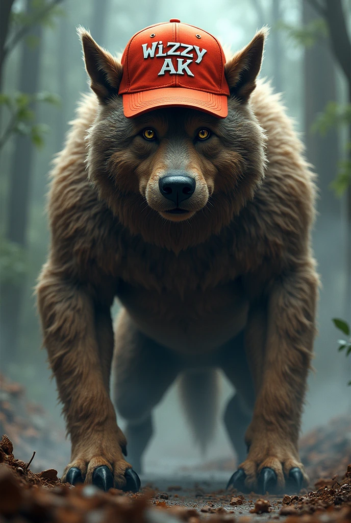 A beast dog wearing a cap that say Wizzy AK