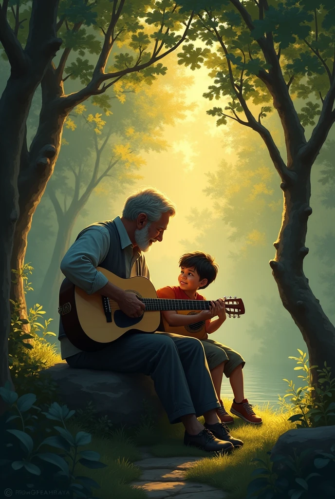 father and , playing the guitar in the twilight forest sitting on a rock. image taken from afar