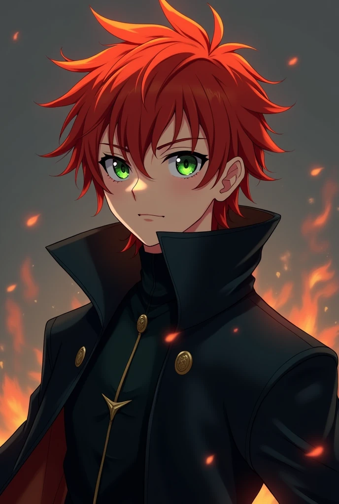 A 19 year old young man, 1,80m de altura, fair skin and bright red hair, disheveled in sharp points that fall over his large, expressive eyes. His eyes are usually green, but when his dark personality emerges, they become bright orange, like embers. His face is angular, with sharp anime-like features, and his expressions range from serene to menacing. He wears a long, black coat, that dramatically flows behind him, reinforcing his mysterious and imposing air.
