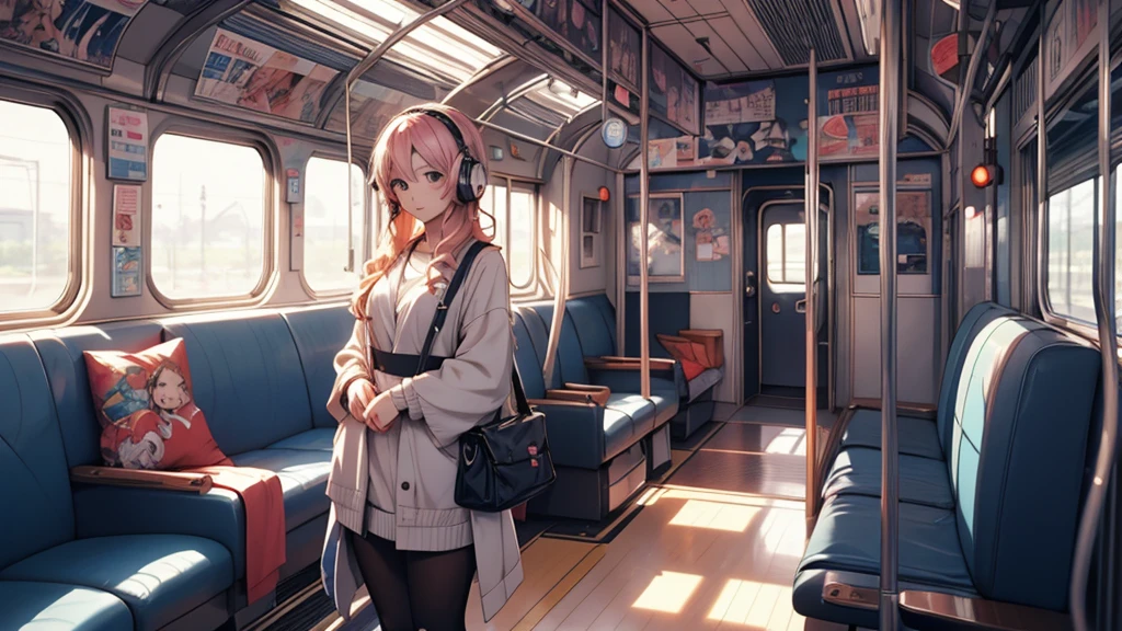 A woman wearing headphones, Anime Style 4 k, anime wallpaper 4k, anime wallpaper 4k, 4k anime wallpaper, anime art wallpaper 4k, anime art wallpaper 4k, Anime Style. 8k, Anime atmosphere, Ultra HD Anime Wallpaper, Anime Art Wallpaper 8K, Anime Background、train、trainの中、trainに乗っている、train