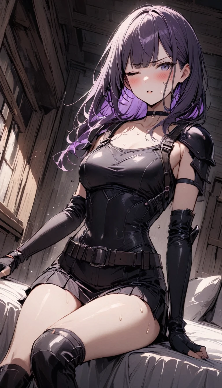 solo,1girl, {{Very slim legs:1.2}},slim body,{{sit1.4}},{{Sitting on the bed:1.8}},Mature Women,Dynamic composition、Dutch Angle,from side,Focus on thighs,{{masterpiece}}, {{{Highest quality}}},{{Very detailed}},magic swordsman,armor, {{armpit, arm cover:1.6}},shoulder armor,one eye closed,{{sit1.4}},{{Sitting on the bed:1.8}},{{Hold one arm of yourself}},v-shaped eyebrows.profound,Bad mood,blush,Sweat,{{clavicle:1.4}},{{Leather knee socks}},hoody,choker,mini skirt,,WHITE Inner suit under armor,black fingerless gloves,belt, chest holster, long purple hair,Blunt bangs,Inside the inn