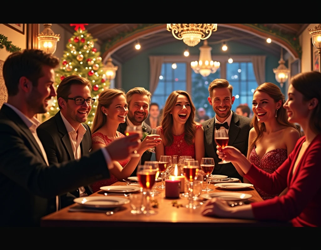 Imagine 10 happy people at a fun Christmas inn, all dressed up.