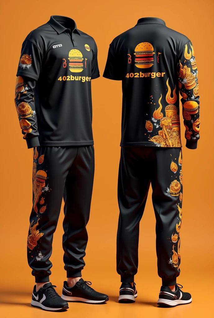 Design a complete uniform for a hamburger restaurant with the 402burger logo in black and orange with a polo shirt and jogger pants that are creative and that the right sleeve has a line that divides it and one side is full of drawings such as illustrated hamburgers, French fries, urban and disruptive with creative designs and flames on the sweatshirt and t-shirt and a cap