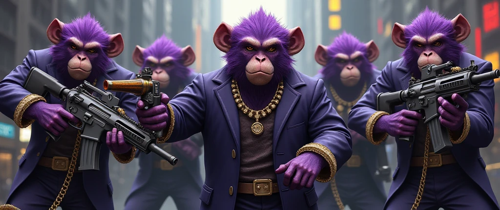 purple monkey gang, with a Simia hermbra in the middle, With giant and high-caliber weapons, with gangster SUIT with chains, tattooed, with huge diamond and gold rings, smoking with a pipe