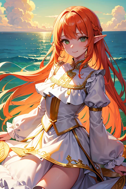 work of art, highest quallity,  LnF, elf  woman, (white skirt with gold embroidery), (long orange hair), (bright dark green eyes), (white blouse with gold embroidered ruffles), (The firmament with visible clouds)), ssmile, (breeze), Flying water particles, looking ahead at viewer 
