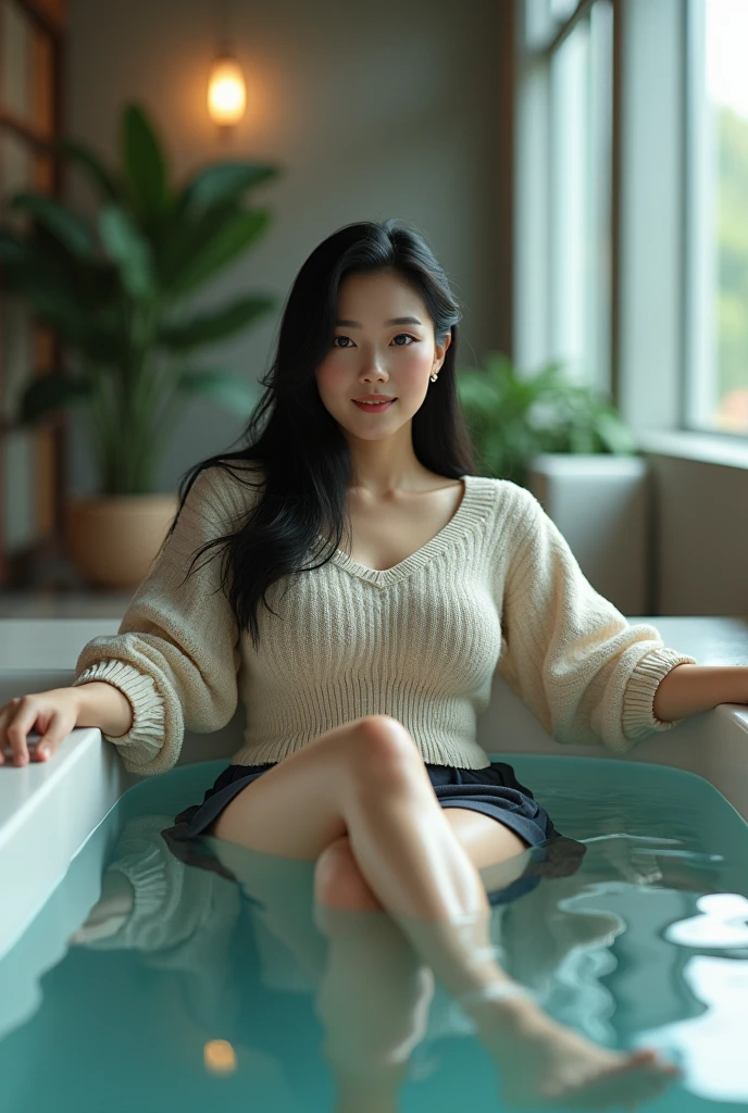 (photorealism:1.2), beautiful Japanese woman, a little plump woman, 40 years old, some spots on the face, sitting in the bath, wearing sweater and skirt and high heels, black long straight, indoors, soft lighting, large room, relaxed pose, realistic, intricate details, cool colors