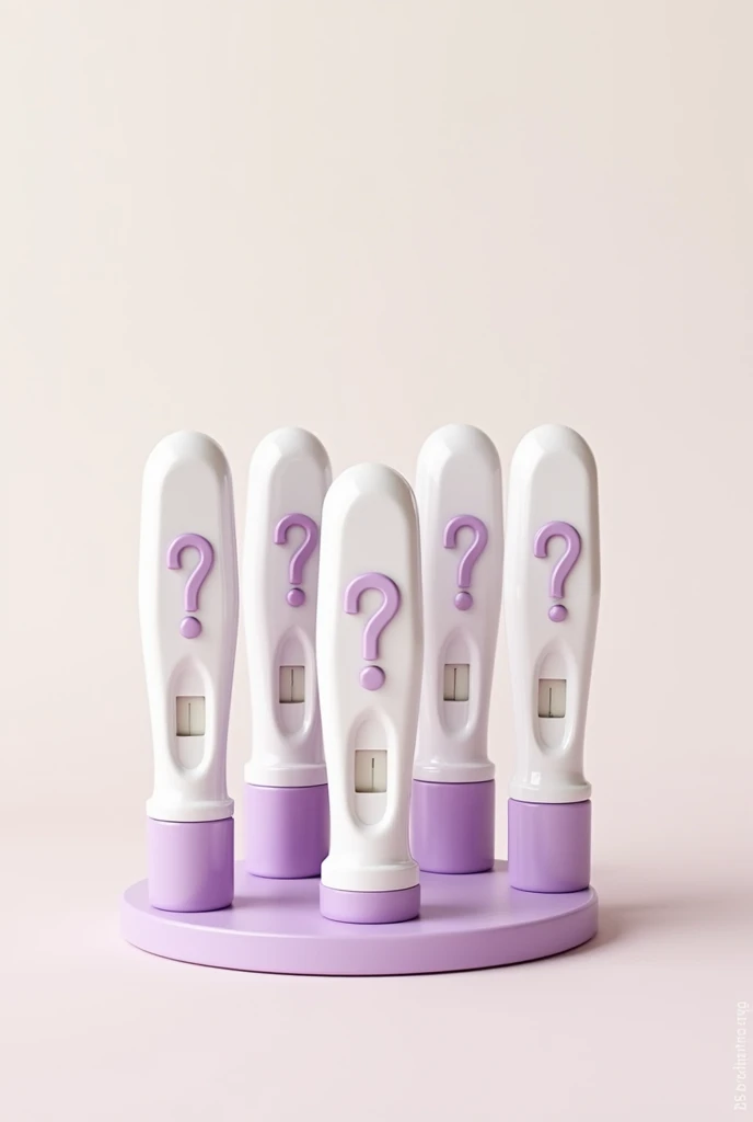 A background with pregnancy tests with a question mark in lilac color with the phrase written on it: "without a baby, just gases" 