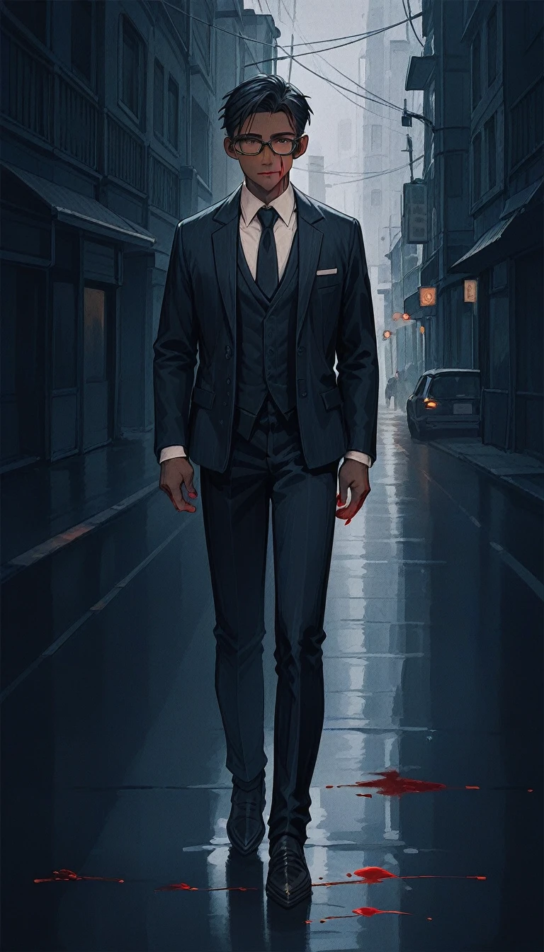 1BOY, SUIT, GLASSES, WALKING MIDDLE OF THE STREET, BLOOD ALL OVER THE BODY, DARK THEME, BLOOD MOVIE SCENE, FULL BODY, BLOOD ALL OVER THE SUIT, (Dark Novel),