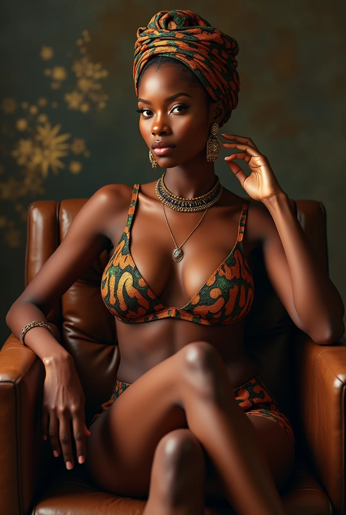 A very beautiful young Nigerian woman, simple turban and Nigerian jewelry, sitting sexy on a chair, wearing colorful brocade bra, big breasts (1.3), full body, revealing sexy long legs, detailed arms and legs