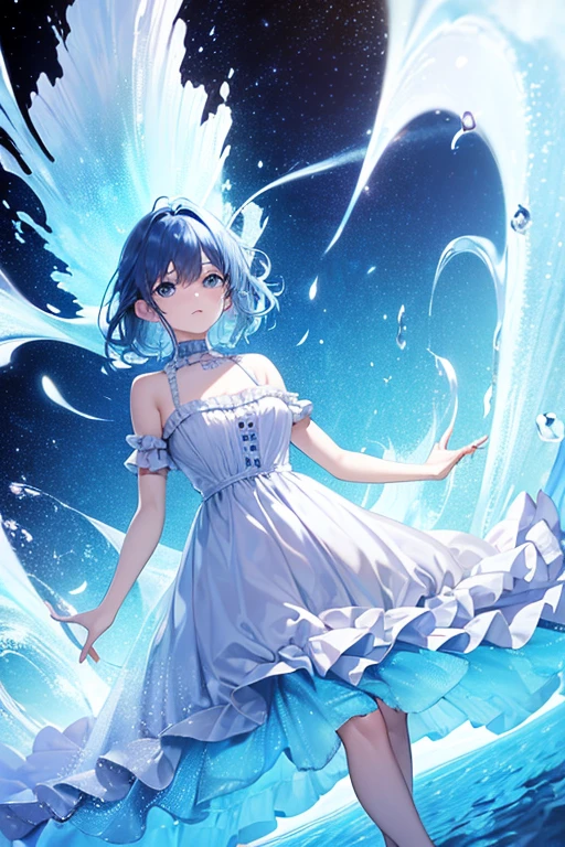 Absurd, High resolution, (Official Art, beautifully、aesthetic:1.2), (Shortsighted:1.15), (One person, Blue Hair, Medium Hair, blue eyes, Bright Eyes, long white dress, Blue frills,:1.2) blue sky, Sparkling Galaxy, (Uyuni salt lake:1.2), (Fractal Art:0.8), water effects, Ripple effects, (Flower effect: 0.65), Light effects,