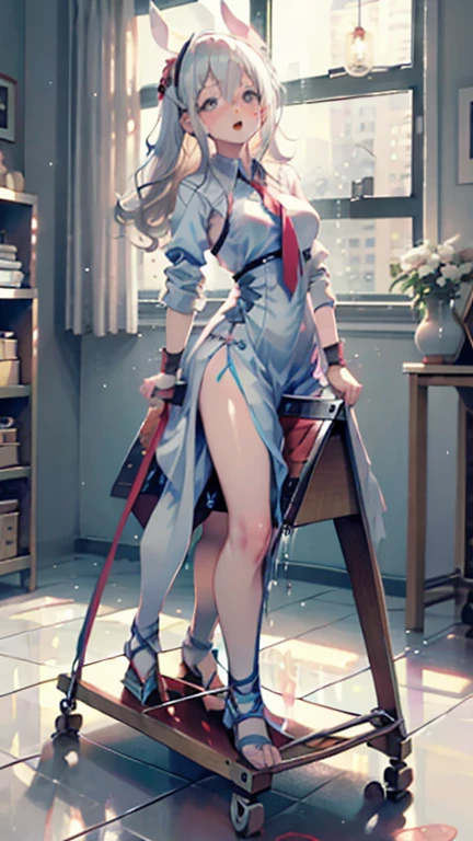 (Highly detailed CG Unity 8k), (Highest quality)，(Very detailed)，(Ultra-high resolution), 1 female, Young Face、Put your arms behind your hips, Wrists tied, Tie your ankles, The rocking horse is too high for my feet to reach., (His feet are on a rocking horse:1.4), Crying face,BDSM、(Pee dripping from the crotch)、(Dripping breast milk)、enema、The perfect dress for the body、The slit between the thighs