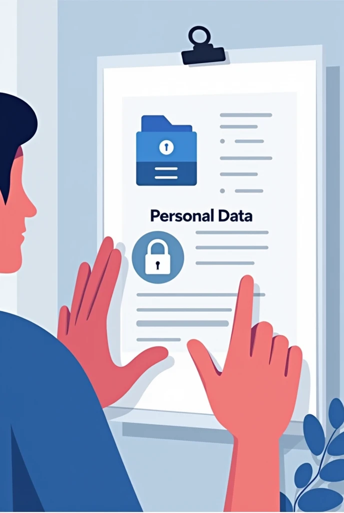 "An illustration showing a person (the headline) interacting with a screen or document in which a file labeled 'Personal Data' can be clearly seen.' Next to this, There is a prominent button or icon that says 'Privacy Notice'.'The person has a gesture of easy and direct access to their information. The scene must convey clarity and transparency, mostrando que the headline tiene derecho a acceder a sus datos personales y a conocer el Aviso de Privacidad relacionado con su tratamiento."