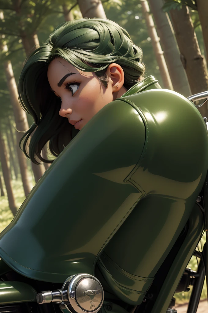 obra prima, melhor qualidade, ((only one woman,)) ((elizabeth pipko, dark tan skin, full face and dimple cheeks,)) looking over shoulder at me, big erect cone tits, ((wearing metallic green leather biker moto jacket,)) ((jacket has padded shoulders, jacket has stiff high collar,)) (((wearing shiny forest green leather pants,))) body is very skinny, arched back, (((hand gripping handle tight, riding motorcycle, extreme closeup view, side front view of upper body,))) shallow depth of field, highres, HD, 8k, anatomically correct
