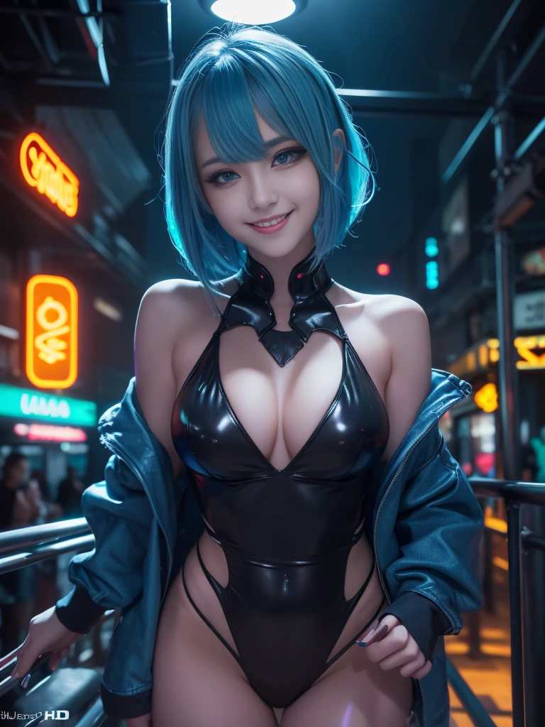 a woman dancing in a vibrant club atmosphere, (neon lights, flashing lights, dynamic colors), beautiful detailed eyes, beautiful detailed lips, extremely detailed eyes and face, long eyelashes, colorful club interior, pulsing lights, dramatic lighting, high contrast, vivid colors, motion blur, photorealistic, cinematic, masterpiece, (best quality, 4k, 8k, highres, masterpiece:1.2), ultra-detailed, (realistic, photorealistic, photo-realistic:1.37), HDR, UHD, studio lighting, (smile:1.3), blue hair, short hair, glasslike eyes, sharp focus, physically-based rendering, extreme detail description, professional, vivid colors, bokeh, sexy, upper body,