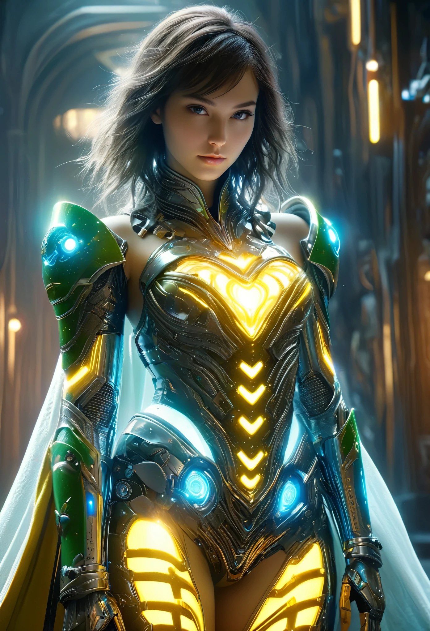 (Best Quality, 4K, 8K, High Resolution, Masterpiece: 1.2), (Super Detailed, Realistic, Photorealistic:1.37), A woman in futuristic clothing, (erotic and sexy:1.4), Trending on cgstation, Trending on cgstation, (Portrait of a girl in the Knights of the Zodiac:1.4), (blunt bangs:1.7), Cute Cyborg Girl, Perfect android girl, Portrait Astronaut Girl, Beautiful girl cyborg, Girl wearing iridescent green yellow and blue and white mechanical cyber armor, Game CG, cgsociety and fenghua zhong, Beautiful Cyborg Shrine Maiden, Bioluminescence, (Gal Gadot:0.6), Anatomically correct grip, Anatomically correct four fingers and one thumb, (long claws:1.4), erotic and sexy, A gorgeous cape with beautifully detailed embroidery, energy ball