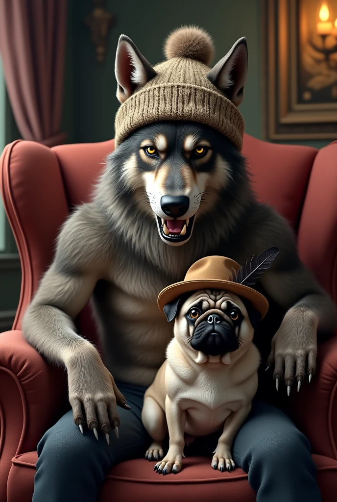 Create an image with a werewolf with a cap, a pug with a hat sitting on two chairs