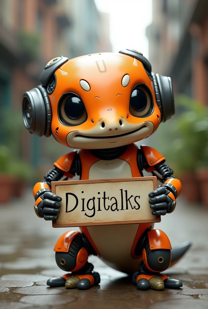 A robot salamander. Predominant Colors, orange, gris, black andwhite. Body color, orange. head, arms and legs, Use neutral colors, gris, black andwhite. The robot salamander is holding a sign that says "Digitalks", with an electronic font, Robotic style. Your big eyes, black and white. He has a friendly and cheerful look.