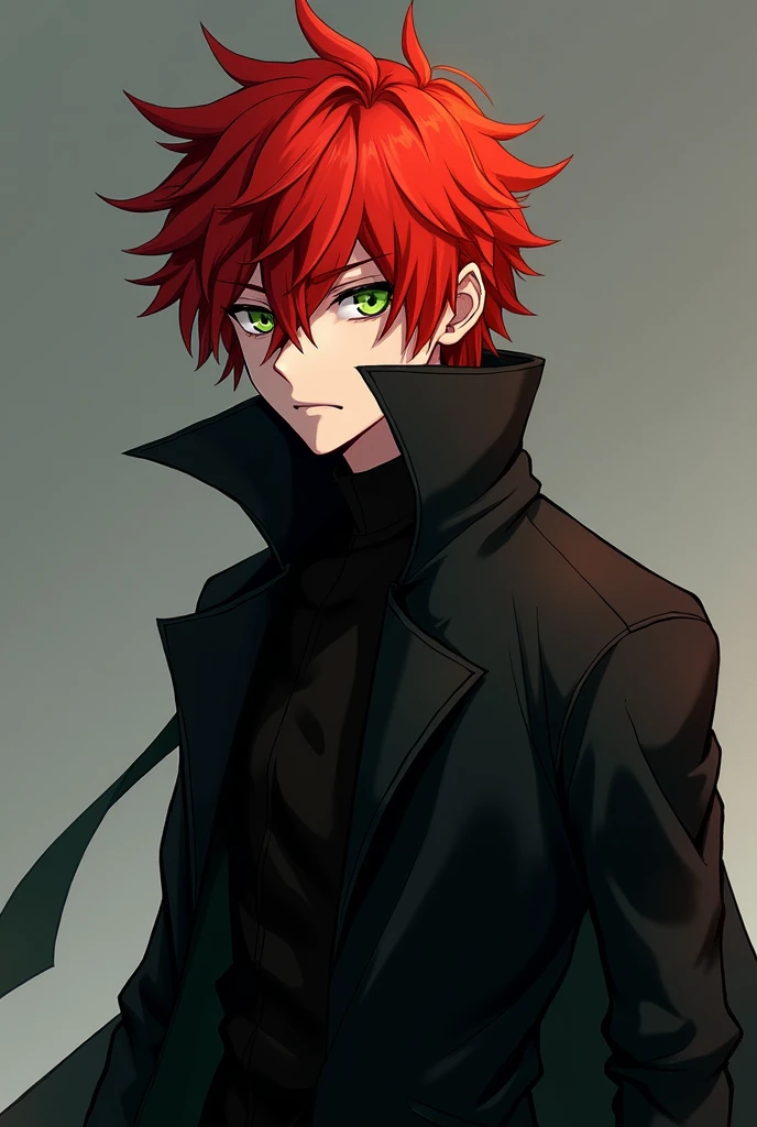A 19 year old young man, 1,80m de altura, fair skin and bright red hair, disheveled in sharp points that fall over his large, expressive eyes. His eyes are usually green, but when his dark personality emerges, they become bright orange, like embers. His face is angular, with sharp anime-like features, and his expressions range from serene to menacing. He wears a long, black coat, that dramatically flows behind him, reinforcing his mysterious and imposing air.