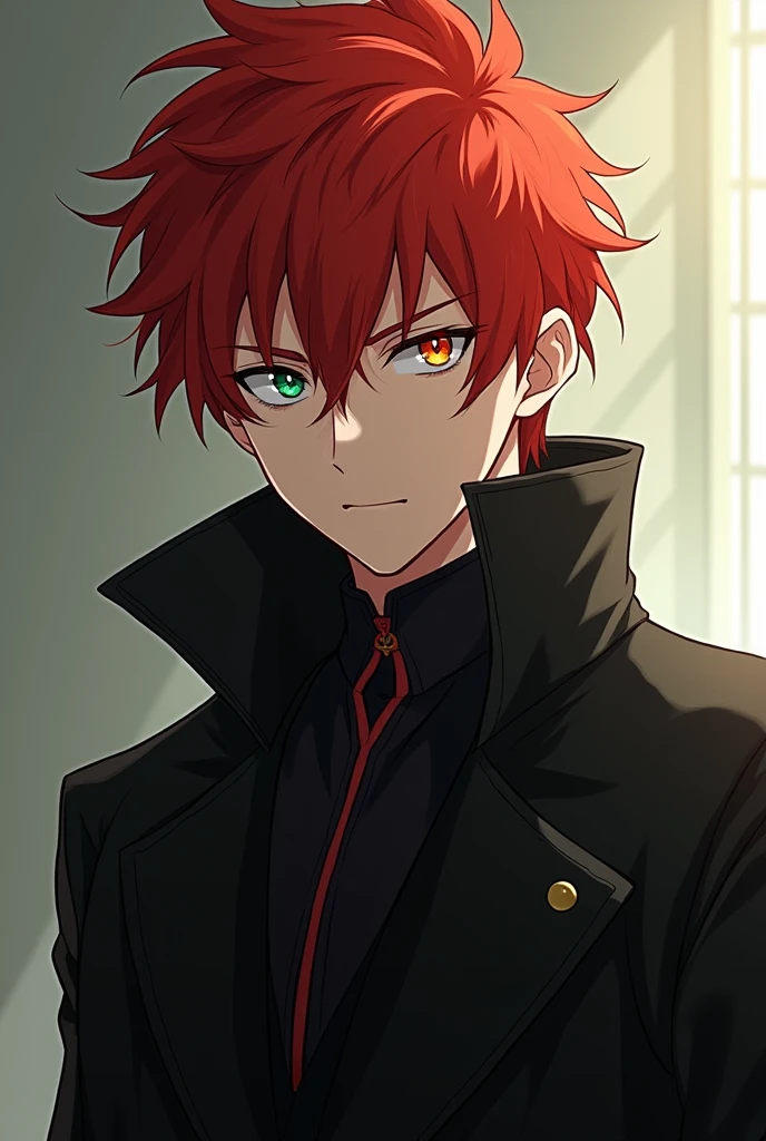 A 19 year old young man, 1,80m de altura, fair skin and bright red hair, disheveled in sharp points that fall over his large, expressive eyes. His eyes are usually green, but when his dark personality emerges, they become bright orange, like embers. His face is angular, with sharp anime-like features, and his expressions range from serene to menacing. He wears a long, black coat, that dramatically flows behind him, reinforcing his mysterious and imposing air.