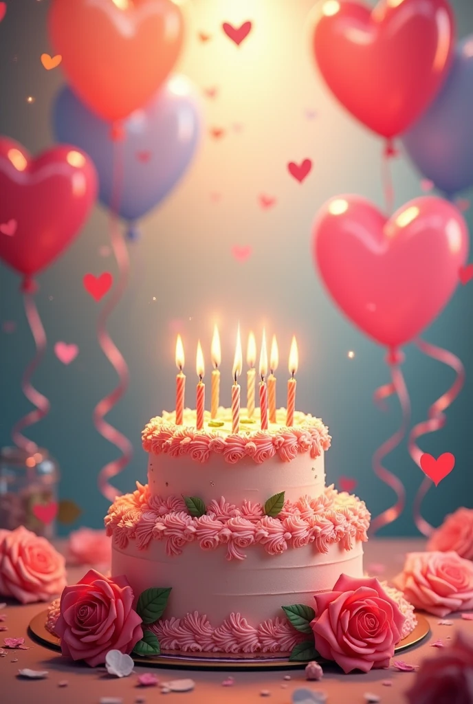 A birthday card for Maribel from René, with a background of a cake with candles surrounded by balloons, roses, and colorful hearts.
