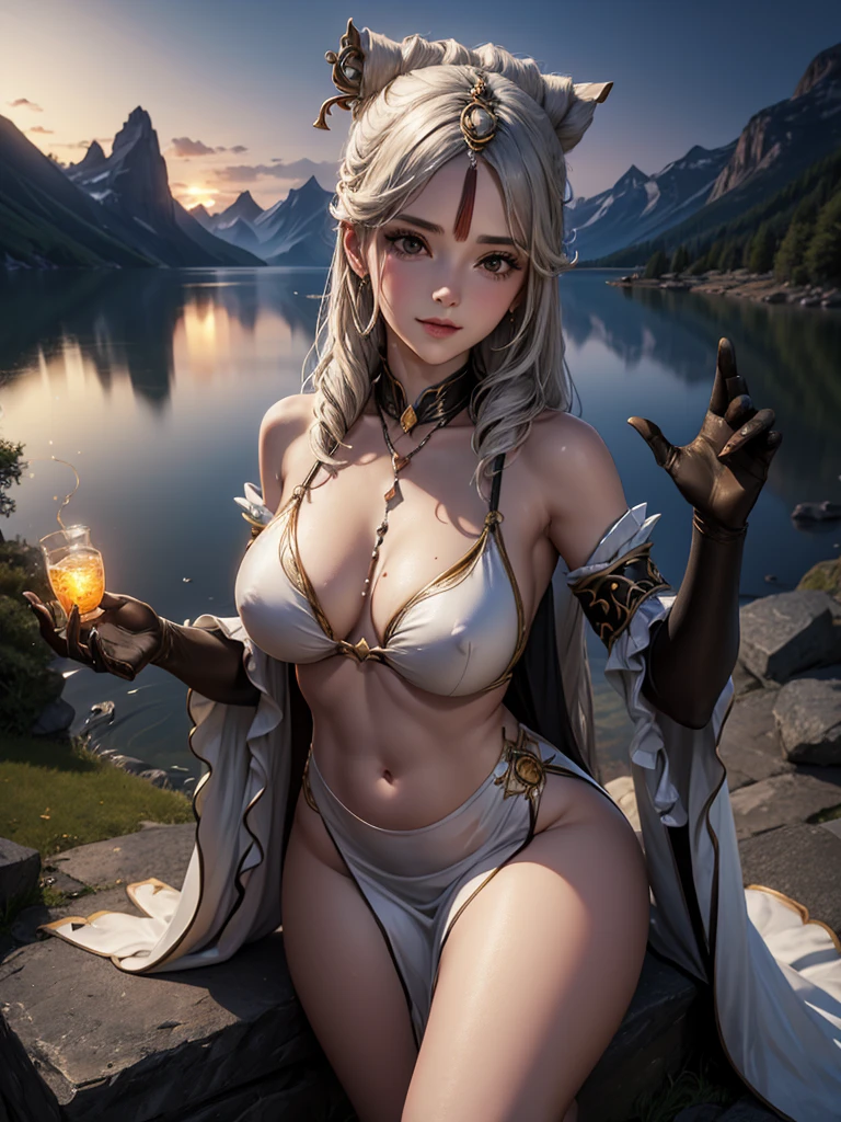 A statue of a loving mother，Large V neckline，Showing breasts，Showing breasts，Night lake landscape. Flat stomach.
