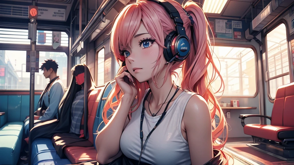 A woman wearing headphones, Anime Style 4 k, anime wallpaper 4k, anime wallpaper 4k, 4k anime wallpaper, anime art wallpaper 4k, anime art wallpaper 4k, Anime Style. 8k, Anime atmosphere, Ultra HD Anime Wallpaper, Anime Art Wallpaper 8K, Anime Background、train、trainの中、trainに乗っている、train