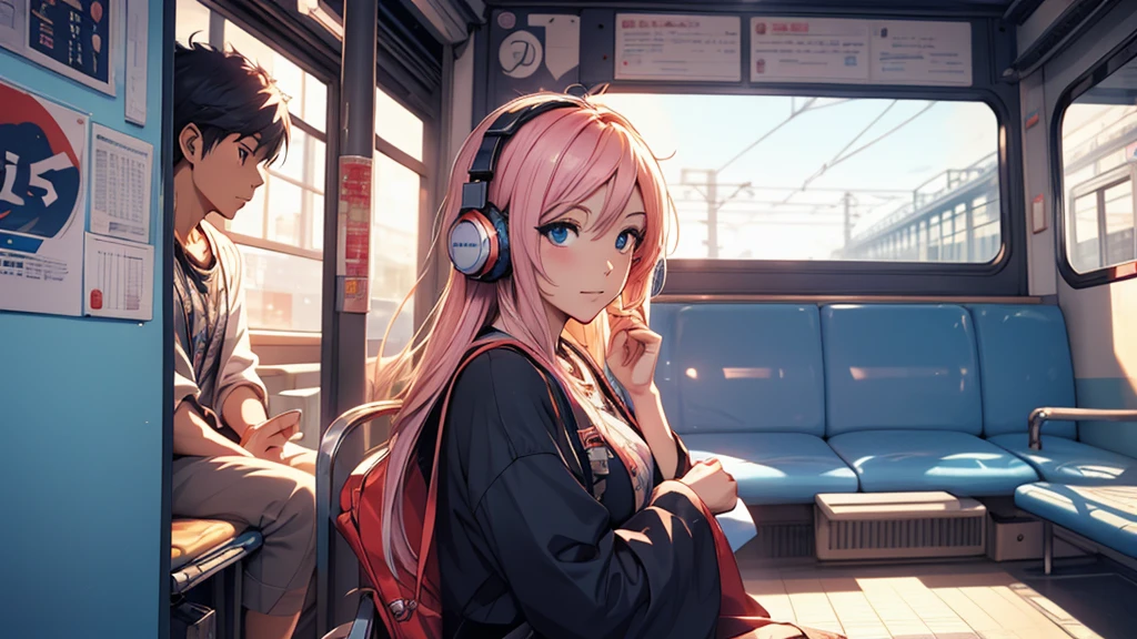 A woman wearing headphones, Anime Style 4 k, anime wallpaper 4k, anime wallpaper 4k, 4k anime wallpaper, anime art wallpaper 4k, anime art wallpaper 4k, Anime Style. 8k, Anime atmosphere, Ultra HD Anime Wallpaper, Anime Art Wallpaper 8K, Anime Background、train、trainの中、trainに乗っている、train
