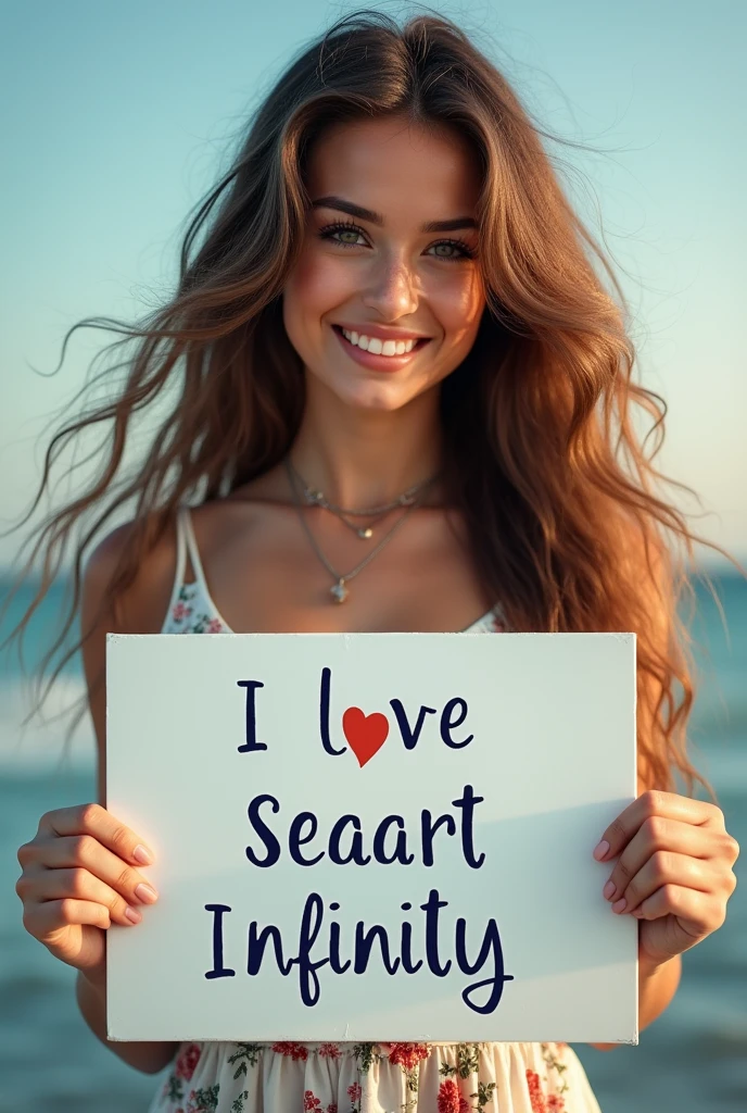 Beautiful girl with wavy long hair, bohemian dress, holding a white board with text "I Love Seaart Infinity" and showing it to the viewer