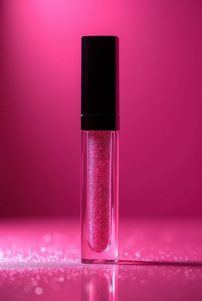 A fuchsia lip gloss product with glitter and a black cap
