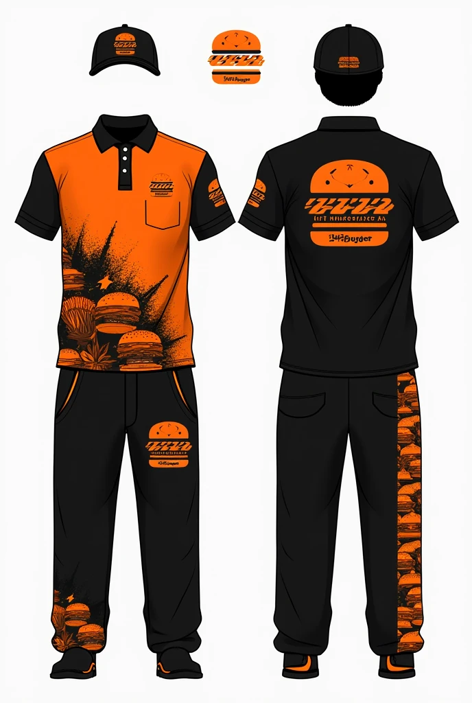 Design a complete uniform for a hamburger restaurant with the 402burger logo in black and orange with a polo shirt and jogger pants that are creative and that the right sleeve has a line that divides it and one side is full of drawings such as illustrated hamburgers, French fries, urban and disruptive with creative designs and flames on the sweatshirt and t-shirt and a cap