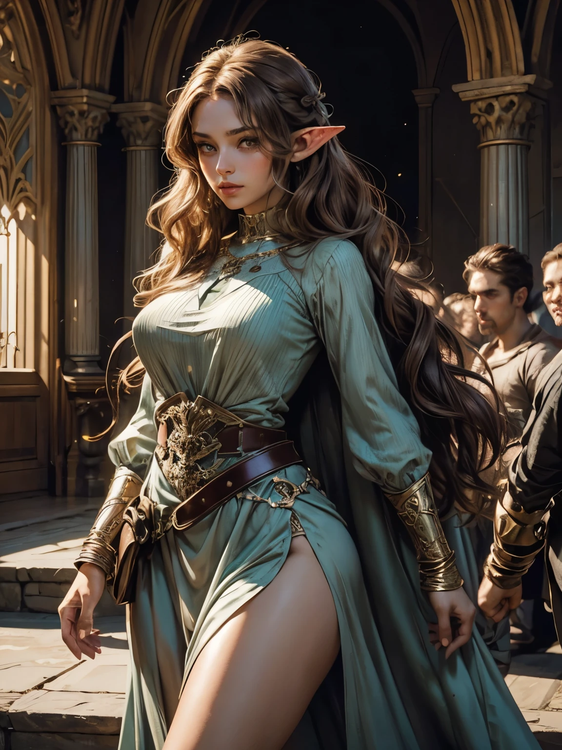 Masterpiece - This digital artwork is an absolute masterpiece, showcasing a stunningly beautiful brunette elf woman.
Digital artwork - This breathtaking digital artwork captures the essence of beauty and fantasy in every pixel.
A gorgeous beautiful brunette elf woman - The focal point of this image is a mesmerizingly gorgeous brunette elf woman, radiating elegance and allure.
Pink satin dress - The enchanting elf woman is adorned in a flowing pink satin dress, adding a touch of elegance and grace to her ethereal presence.
Waist chains - Accentuating her curvy figure, delicate waist chains delicately drape across her hips, enhancing her mesmerizing charm.
Curvy - With her perfectly curvy physique, this elf woman embodies the epitome of beauty and grace.
Inside