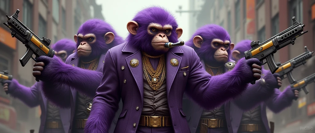 purple monkey gang, with a Simia hermbra in the middle, With giant and high-caliber weapons, with gangster SUIT with chains, tattooed, with huge diamond and gold rings, smoking with a pipe