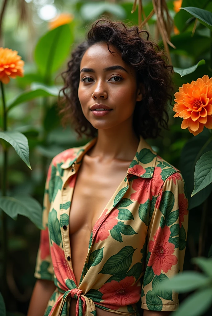 A Brazilian woman in a lush tropical garden, wearing an open shirt with a floral print, with a close-up capturing the harmonious beauty between her breasts and the natural flowers, showing off your natural charm and outgoing personality.