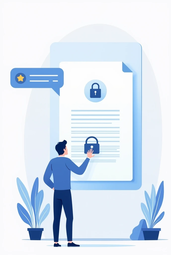 "An illustration showing a person (the headline) interacting with a screen or document in which a file labeled 'Personal Data' can be clearly seen.' Next to this, There is a prominent button or icon that says 'Privacy Notice'.'The person has a gesture of easy and direct access to their information. The scene must convey clarity and transparency, mostrando que the headline tiene derecho a acceder a sus datos personales y a conocer el Aviso de Privacidad relacionado con su tratamiento."