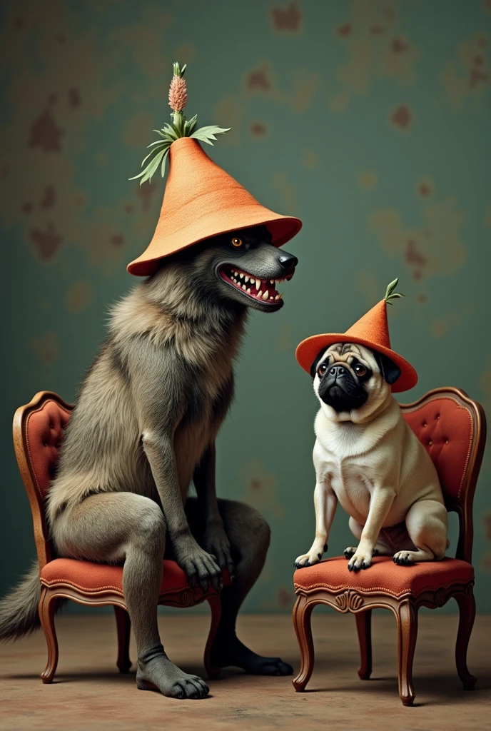 Create an image with a werewolf wearing an agricultural chemical hat, a pug with a hat sitting on two different chairs