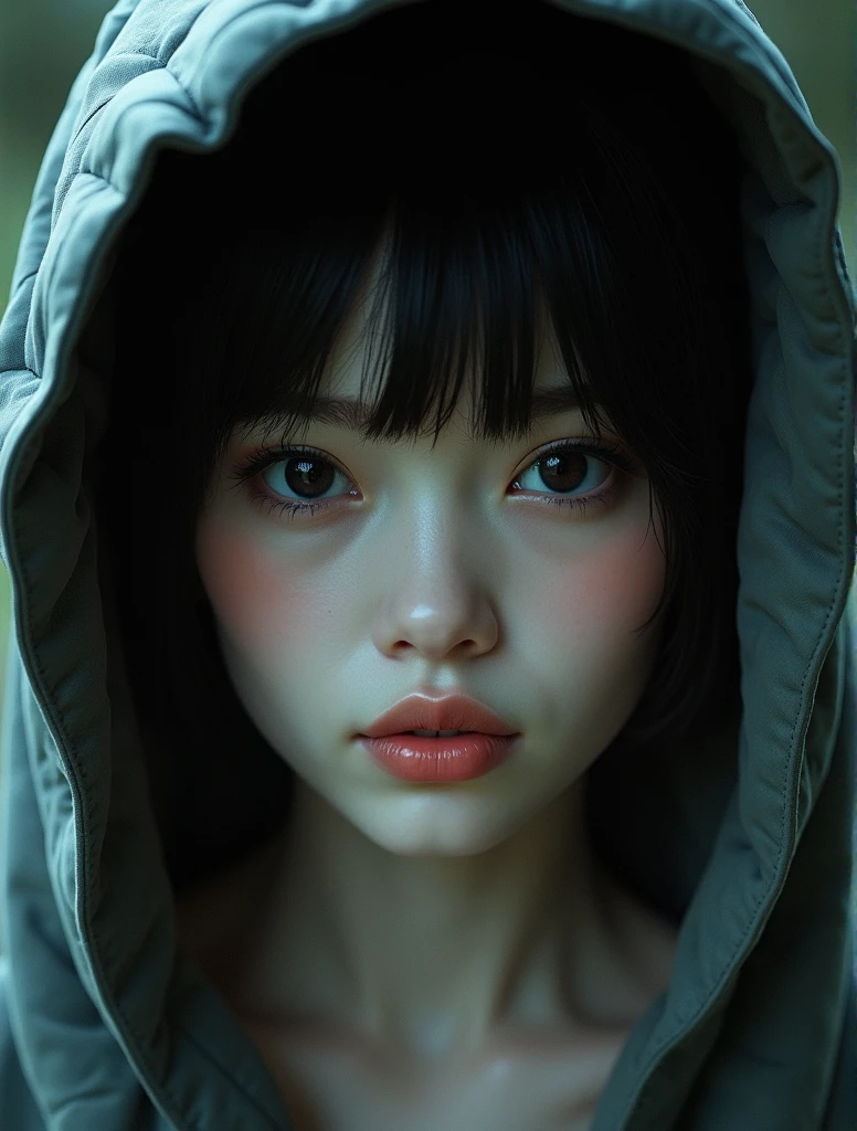 Beautiful girl with realistic black eyes., Pale skin, short black hair, perfect face, Perfect eyes, using shelter, Very detailed, integral kinematics, Digital paint, 8k, cinematic lighting, Best Quality, High resolution, Detailed work, post processing, perfect result, Hyper realistic, big breasts
