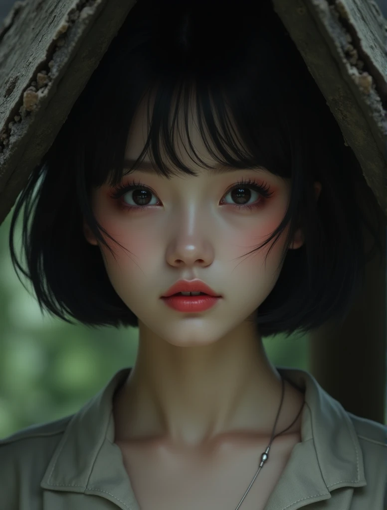 Beautiful girl with realistic black eyes., Pale skin, short black hair, perfect face, Perfect eyes, using shelter, Very detailed, integral kinematics, Digital paint, 8k, cinematic lighting, Best Quality, High resolution, Detailed work, post processing, perfect result, Hyper realistic, big breasts